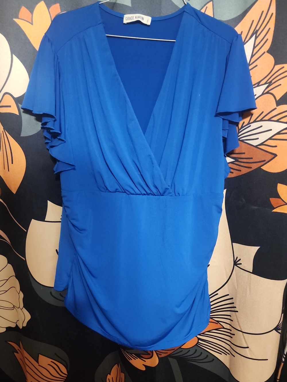 Grace Karin Cobalt Blue V-Neck Flutter Sleeve Blouse